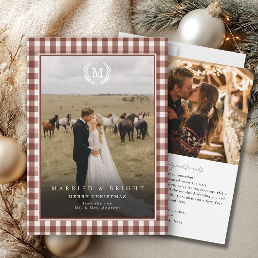 "Married & Bright" ギンガムモノグラムクラスト2枚の写真入り サンキューカード