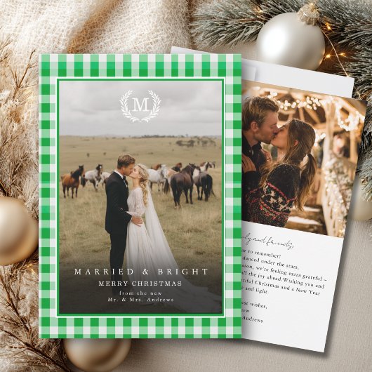 "Married & Bright" ギンガムモノグラムクラスト2枚の写真入り サンキューカード