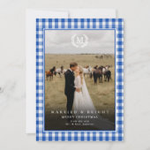 "Married & Bright" ギンガムモノグラムクラスト2枚の写真入り サンキューカード (正面)