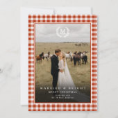 "Married & Bright" Gingham Monogram Crest 2 Photo サンキューカード (正面)