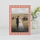 "Married & Bright" Gingham Monogram Crest 2 Photo サンキューカード (スタンド正面)