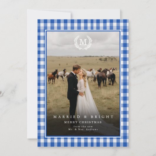 "Married & Bright" Gingham Monogram Crest 2 Photo サンキューカード (正面)