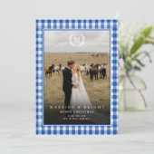 "Married & Bright" Gingham Monogram Crest 2 Photo サンキューカード (スタンド正面)
