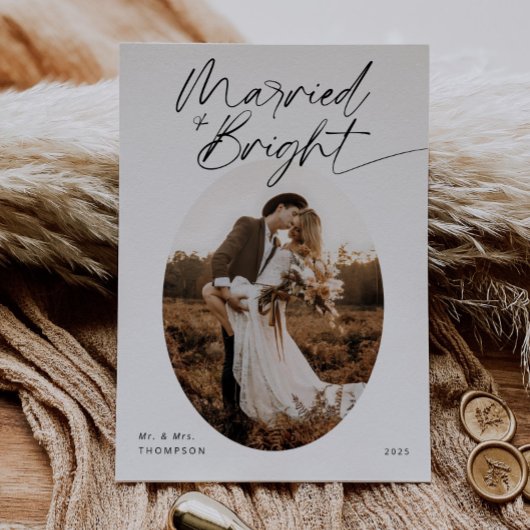 Married & Bright Modern Elegant Script Christmas シーズンカード