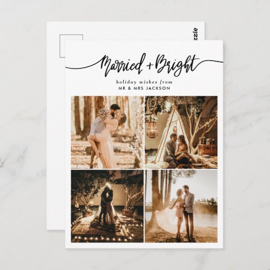 Married & Bright Script Holiday Collage Photo ポストカード (正面/裏面)