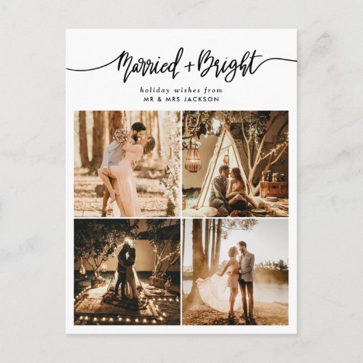 Married & Bright Script Holiday Collage Photo ポストカード (正面)