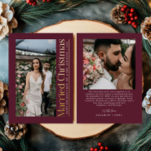 Married Christmas Photo Newlyweds Burgundy