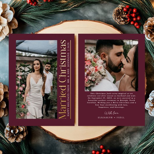 Married Christmas Photo Newlyweds Burgundy 箔シーズンカード