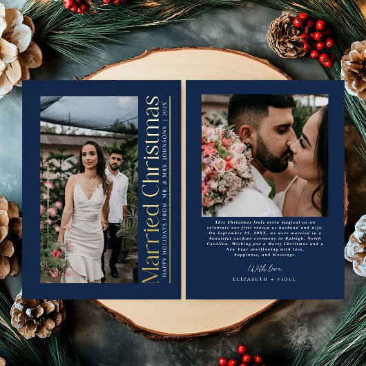Married Christmas Photo Newlyweds Navy Blue 箔シーズンカード