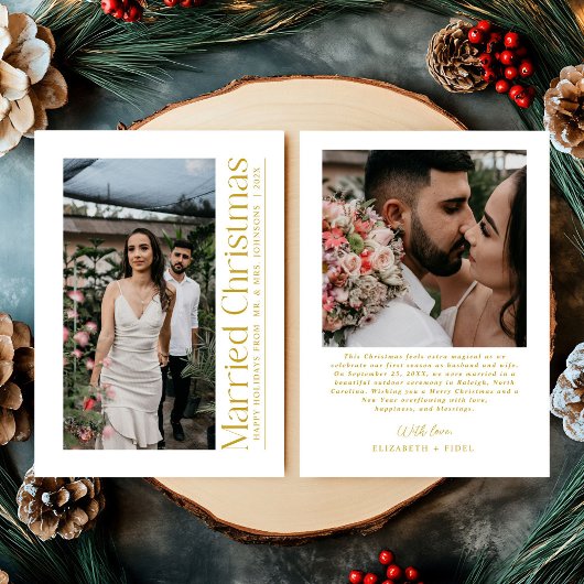 Married Christmas Photo Newlyweds White & Gold シーズンカード