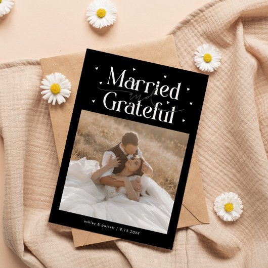 Married & Grateful Wedding Photo Black サンキューカード