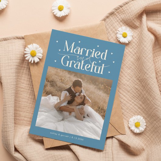 Married & Grateful Wedding Photo Denim Blue サンキューカード