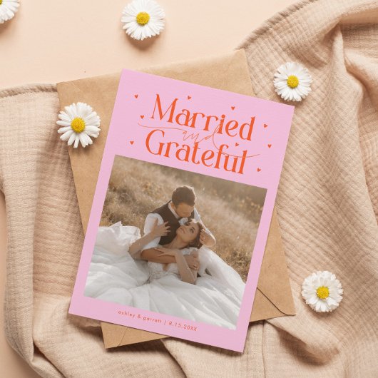 Married & Grateful Wedding Photo Orange Pink サンキューカード