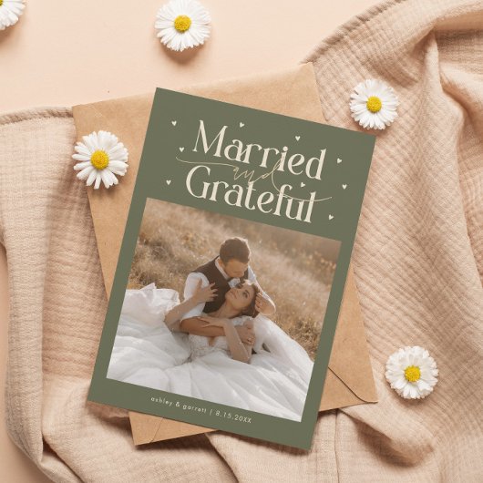 Married & Grateful Wedding Photo Sage Green サンキューカード