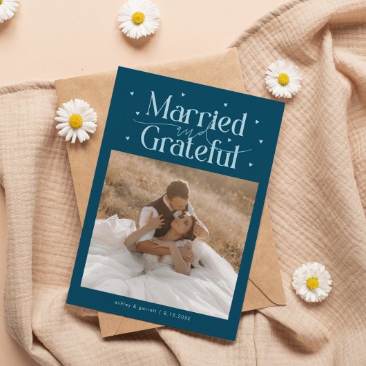 Married & Grateful Wedding Photo Teal サンキューカード