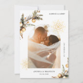 Married & Merry 2 Photo Gold Snowflake Christmas シーズンカード (正面)