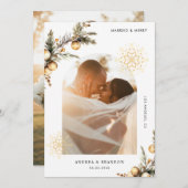 Married & Merry 2 Photo Gold Snowflake Christmas シーズンカード (正面/裏面)
