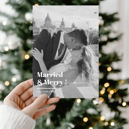 Married & Merry Black & White Christmas Photo  シーズンカード