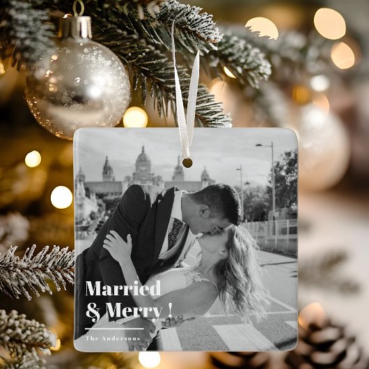 Married & Merry | Elegant Black & White Photo Gift セラミックオーナメント