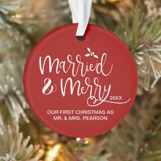 Married & Merry First Christmas double sided red オーナメント (ツリー)