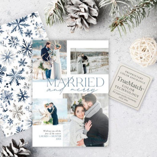Married & Merry Newlywed Rustic Blue Photo Collage シーズンカード