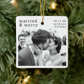 Married & Merry Photo, Names & Date Christmas セラミックオーナメント