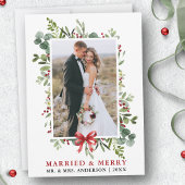 Married & Merry Watercolor Greenery Red Bow シーズンカード