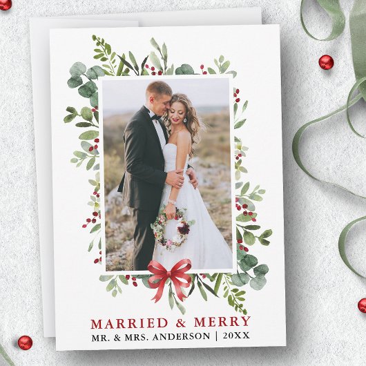 Married & Merry Watercolor Greenery Red Bow シーズンカード