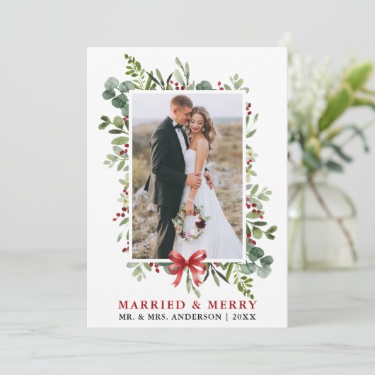 Married & Merry Watercolor Greenery Red Bow シーズンカード (スタンド正面)
