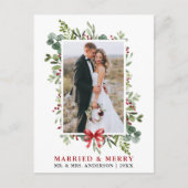 Married & Merry Watercolor Greenery Red Bow ポストカード (正面)