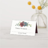 MarsalaとBlue Waterカラーフローラ結婚ズ プレイスカード (正面)