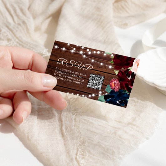 MarsalaとNavyの花素朴の結婚QR RSVP エンクロージャーカード