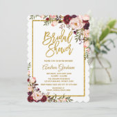 Marsalaのピンクの金ゴールドの花のブライダルシャワーの招待 招待状 (スタンド正面)