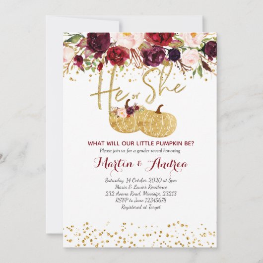 Marsalaの性はベビーシャワーの招待状を明らかにします 招待状 (正面)