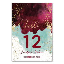 Marsalaの赤いティール（緑がかった色）の水彩画の金ゴールドのテーブル数 テーブルナンバー