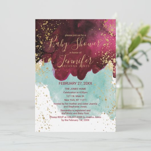 Marsalaの赤いティール（緑がかった色）の水彩画の金ゴールドのベビーシャワー 招待状 (スタンド正面)