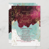 Marsalaの赤いティール(緑がかった色)の水彩画の金ゴールドのベビーシャワー 招待状 (正面/裏面)