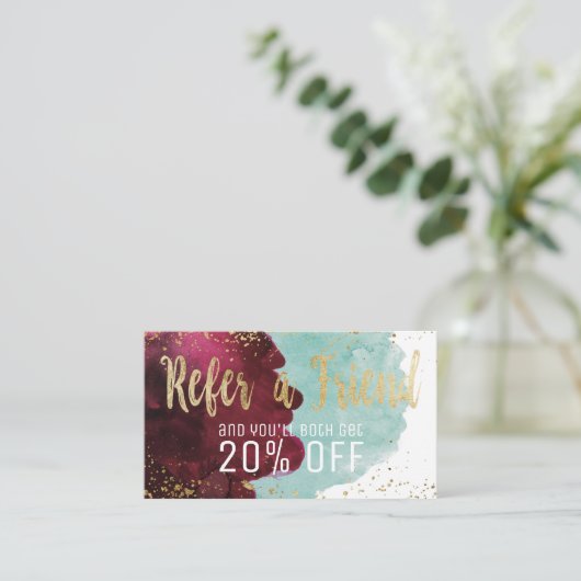 Marsalaの赤いティール（緑がかった色）の水彩画の金ゴールドのロイヤリティの紹介 紹介カード (スタンド正面)