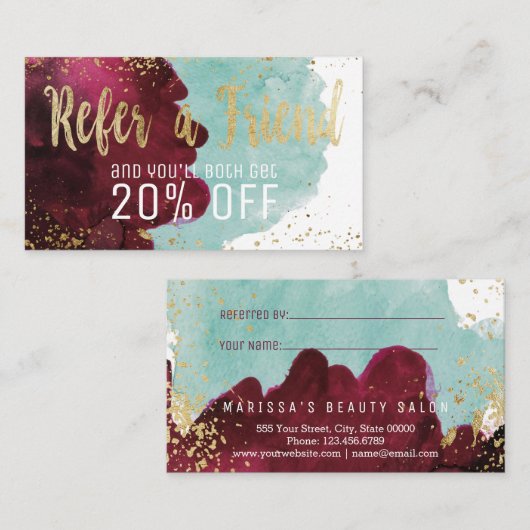 Marsalaの赤いティール（緑がかった色）の水彩画の金ゴールドのロイヤリティの紹介 紹介カード (正面/裏面)