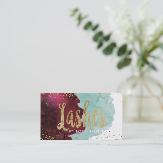 Marsalaの赤いティール(緑がかった色)の水彩画の金ゴールドの鞭 名刺 (スタンド正面)