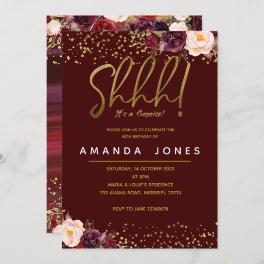 Marsalaの驚きの誕生日のパーティの招待状 招待状 (正面/裏面)