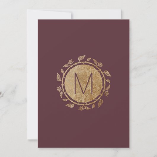 Marsalaエレガントな赤いバーガンディの金ゴールドの花の結婚式 招待状 (裏面)