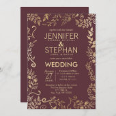Marsalaエレガントな赤いバーガンディの金ゴールドの花の結婚式 招待状 (正面/裏面)