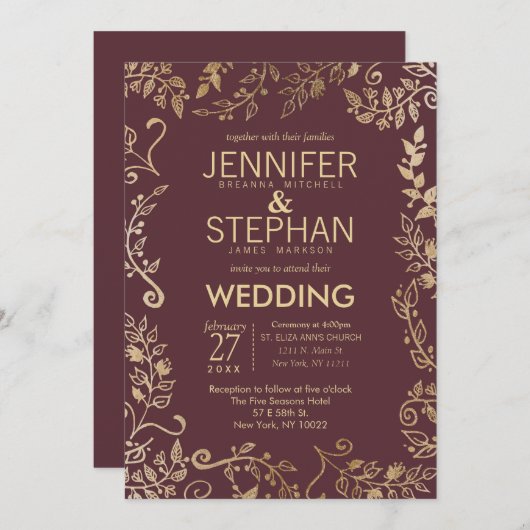 Marsalaエレガントな赤いバーガンディの金ゴールドの花の結婚式 招待状 (正面/裏面)