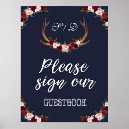 Marsalaフローラネイビーブルー署名Our Guestbook Sign ポスター