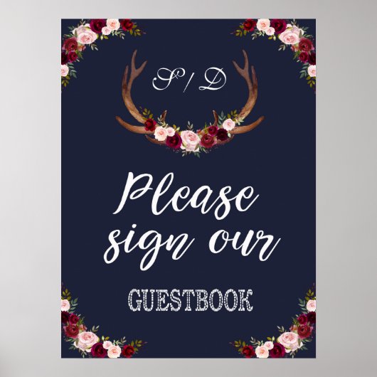 Marsalaフローラネイビーブルー署名Our Guestbook Sign ポスター (正面)