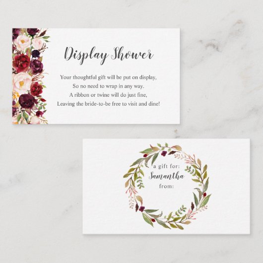 Marsalaフローラ表示ブライダルシャワーカード+ラベル 名刺 (正面/裏面)