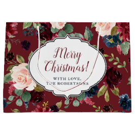 Marsala及びパーソナライズな海軍花のメリークリスマス ラージペーパーバッグ