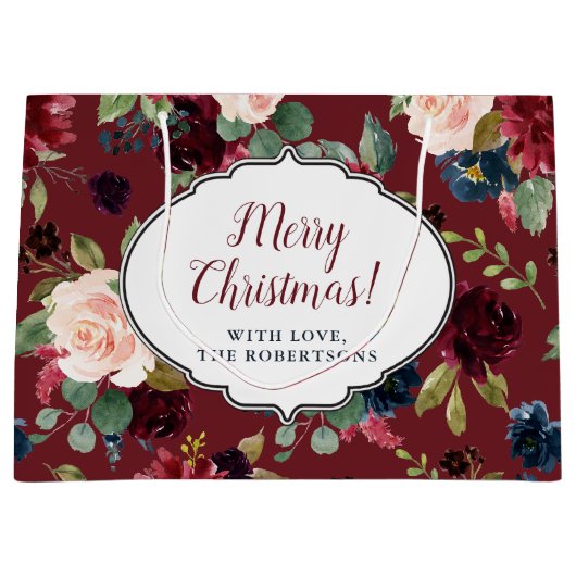 Marsala及びパーソナライズな海軍花のメリークリスマス ラージペーパーバッグ (正面)