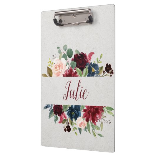 Marsala及び海軍花のぼろぼろのシックなパーソナライズ クリップボード (左)